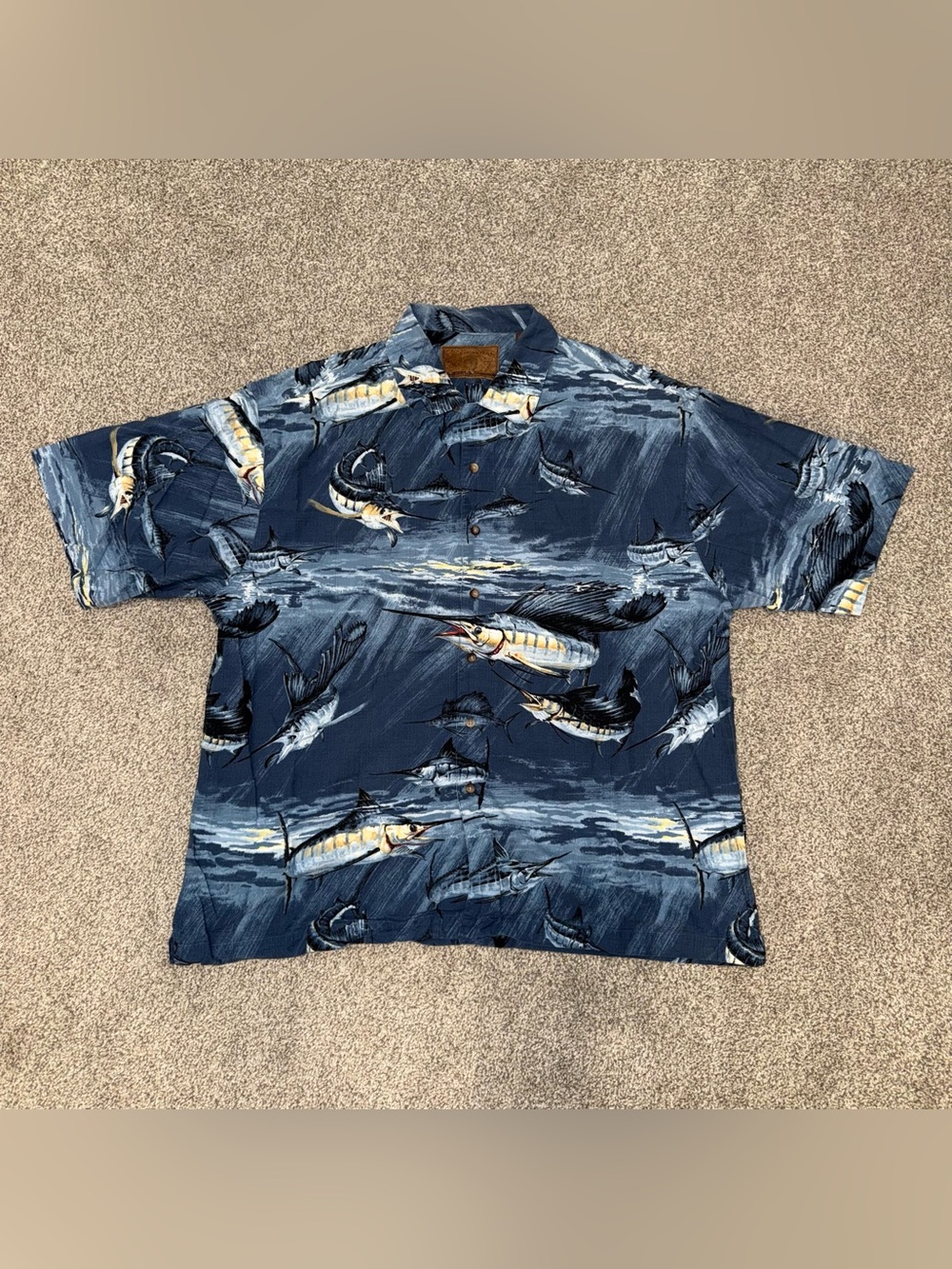 Men's Navy Blue Tropical Marlin Print Button-Down Shirt